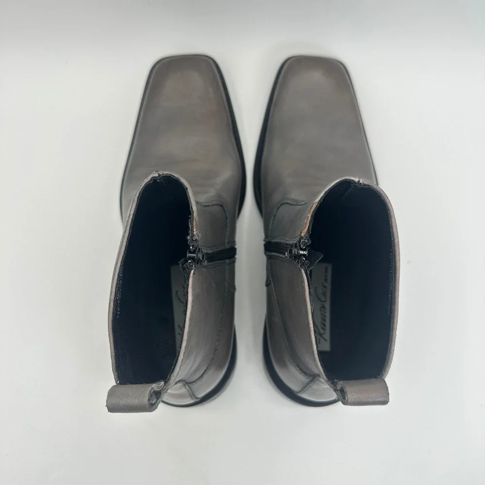 Kenneth Cole New York Micro Wave Gray Leather Side Zip Ankle Boots Mens 7.5M